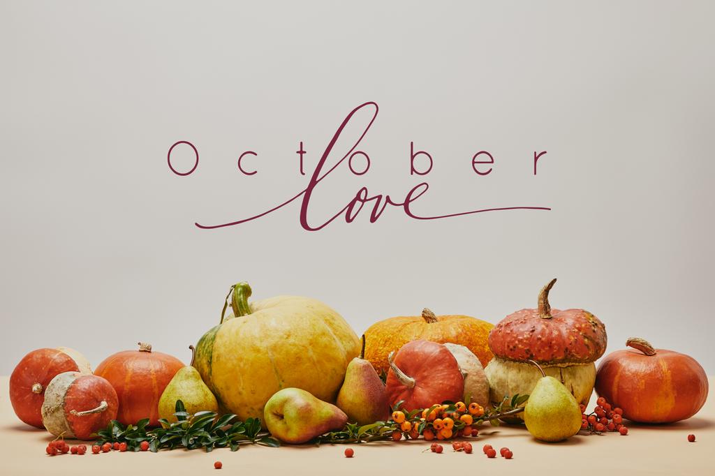 őszi dekoráció, sütőtök, firethorn bogyók, érett finom körte asztali október a szerelem betűk - Fotó, kép