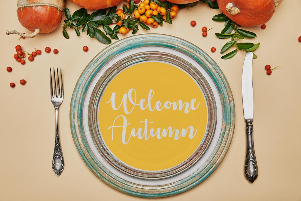 верхний вид тарелок и тыкв с ягодами колючки на День благодарения с надписью WELCOME AUTUMN
 - Фото, изображение
