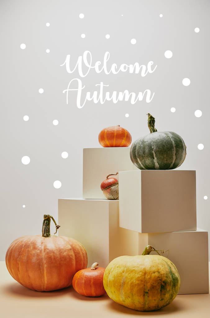 őszi dekoráció, a narancs, a sárga és a zöld sütőtök kockák és szívesen őszi betűk táblázat - Fotó, kép