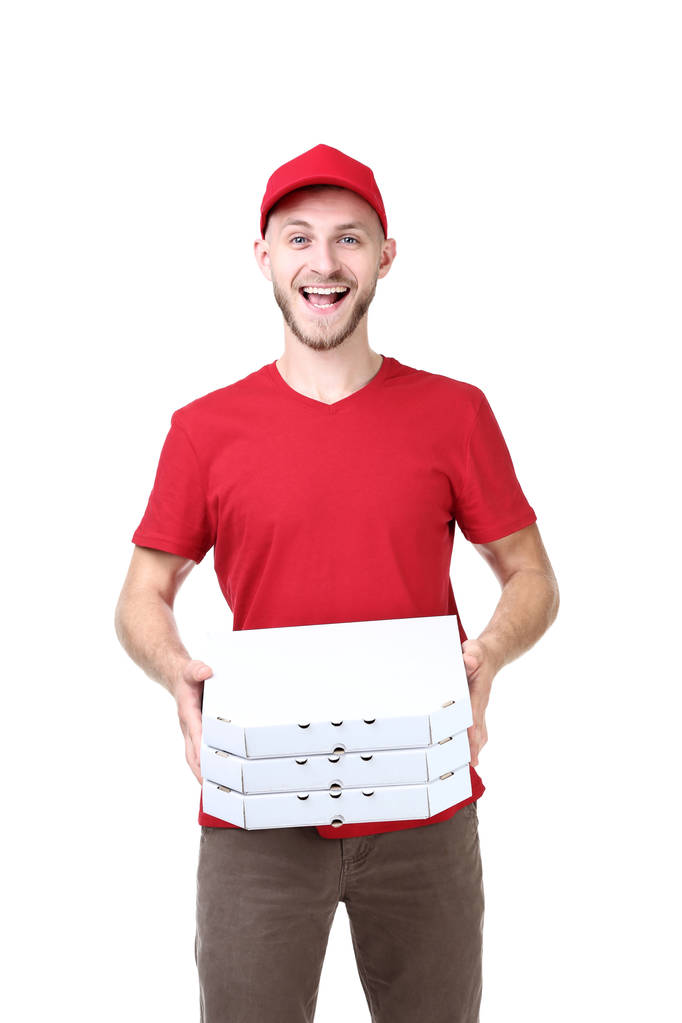Entrega hombre con pizza sobre fondo blanco
 - Foto, Imagen