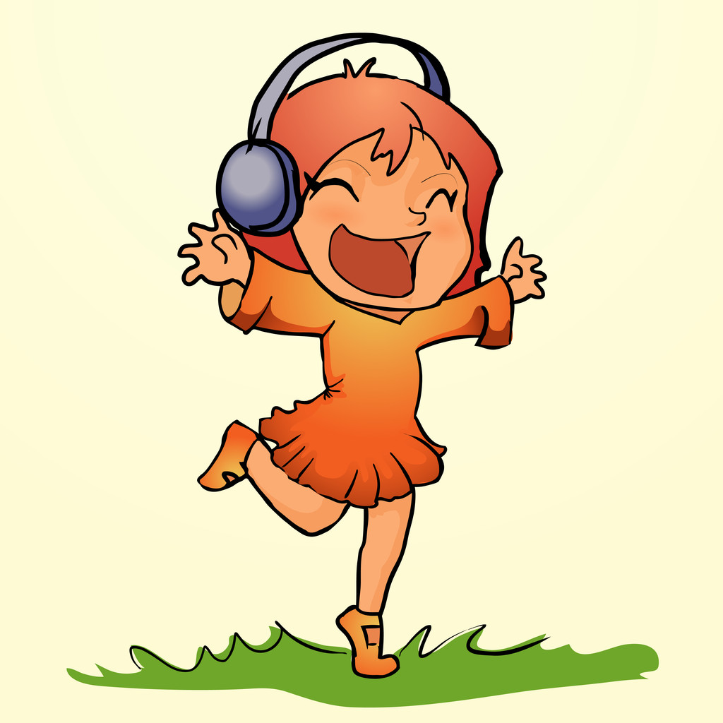 Tanzendes Mädchen hört Musik über Kopfhörer - Vektor, Bild