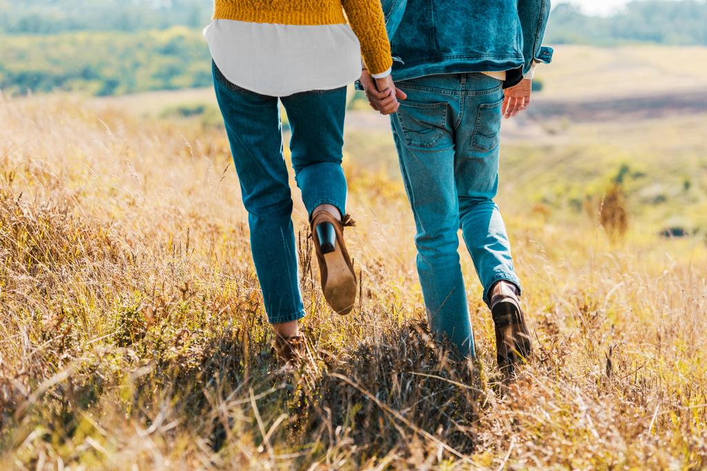 vista recortada de pareja caminando en prado rural
 - Foto, imagen