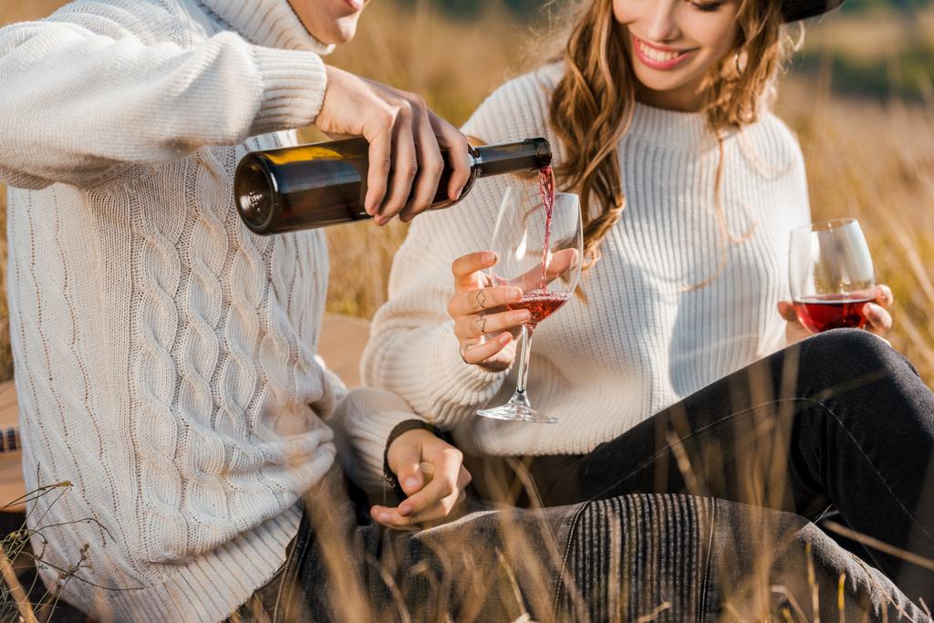 cropped view of couple pouring red wine on meadow - Photo, Image