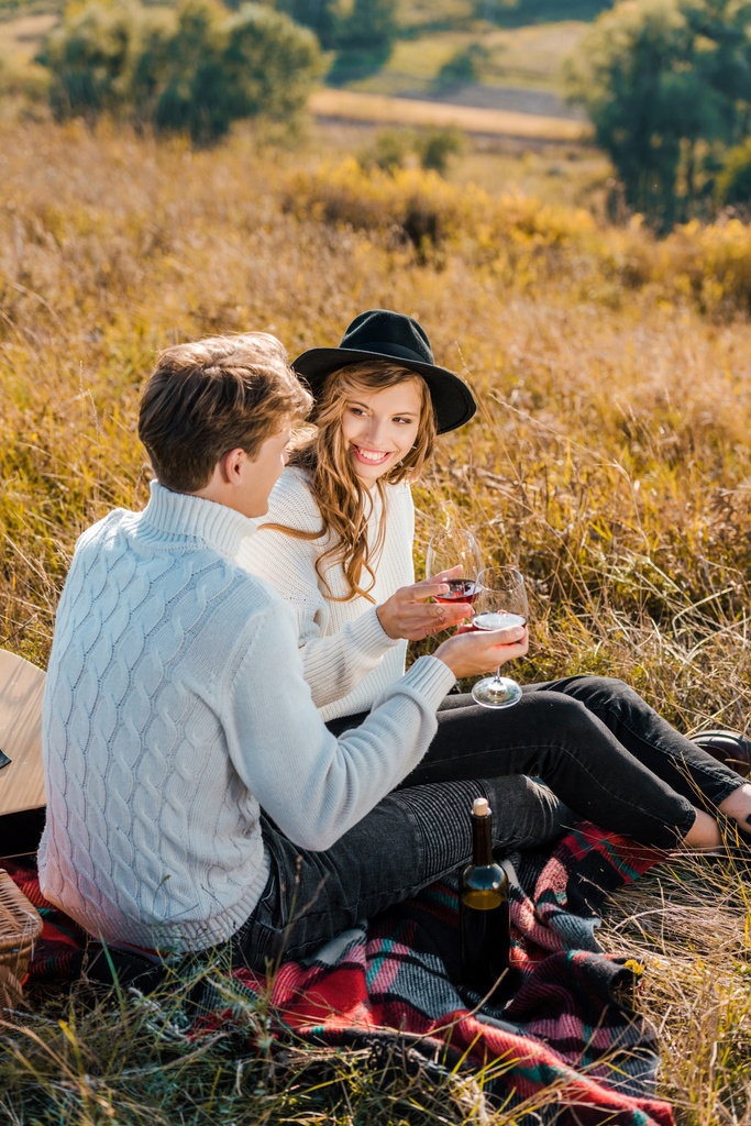 casal sorrindo clinking com copos de vinho tinto durante piquenique no prado rural
 - Foto, Imagem