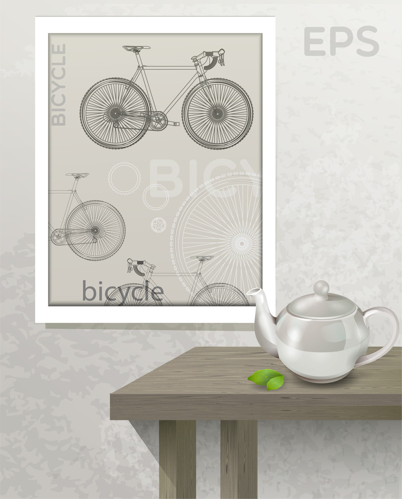 Mesa com bule e quadro com bicicleta
 - Vetor, Imagem