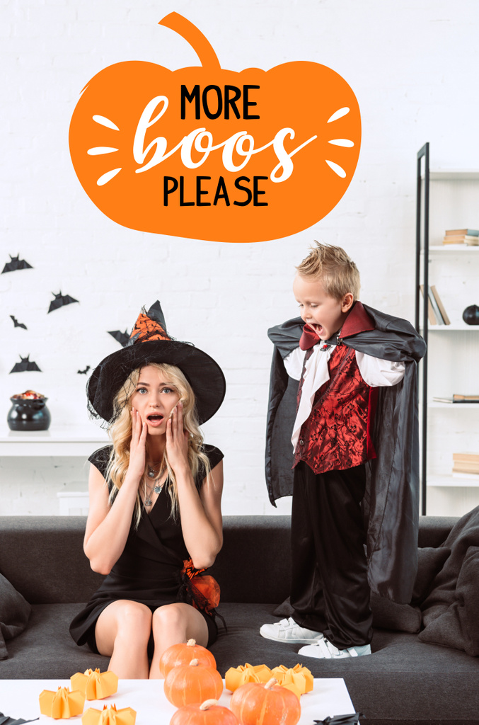 little boy in vampire costume screaming at mother in witch halloween costume at home with "more boos please" lettering - Photo, Image
