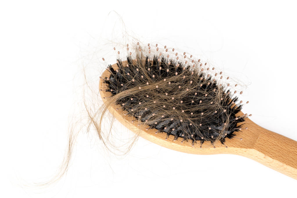 Escova de cabelo de madeira no fundo branco. Close-up com cabelos castanhos longos. Problema de perda de cabelo. Conceito de saúde
 - Foto, Imagem