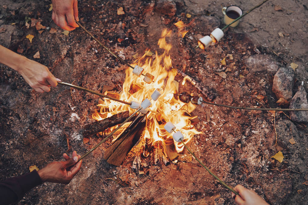 close up top view of people roasting marshmallows over bonfire while camping outdoors - Photo, Image