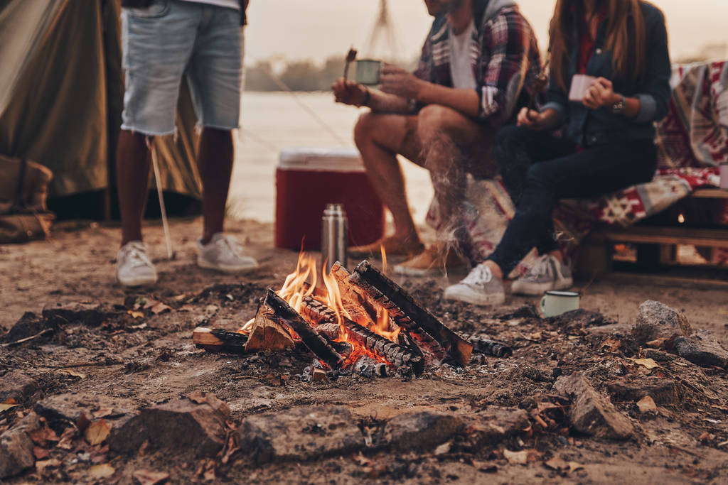 imagem cortada de amigos sentados e conversando na fogueira enquanto descansa perto do lago
 - Foto, Imagem