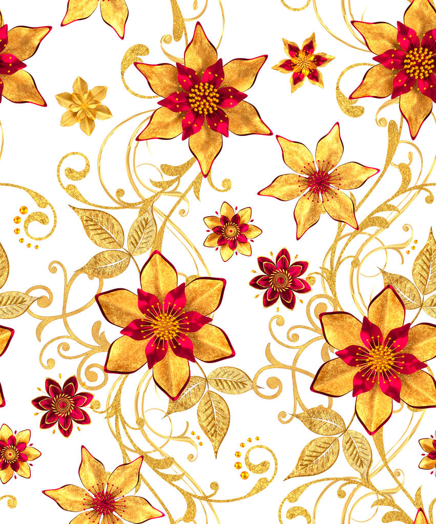 3d rendering. Seamless pattern. Golden textured curls. Oriental style arabesques, stylized flowers, delicate shiny swirl, paisley element, shining background. - Photo, Image