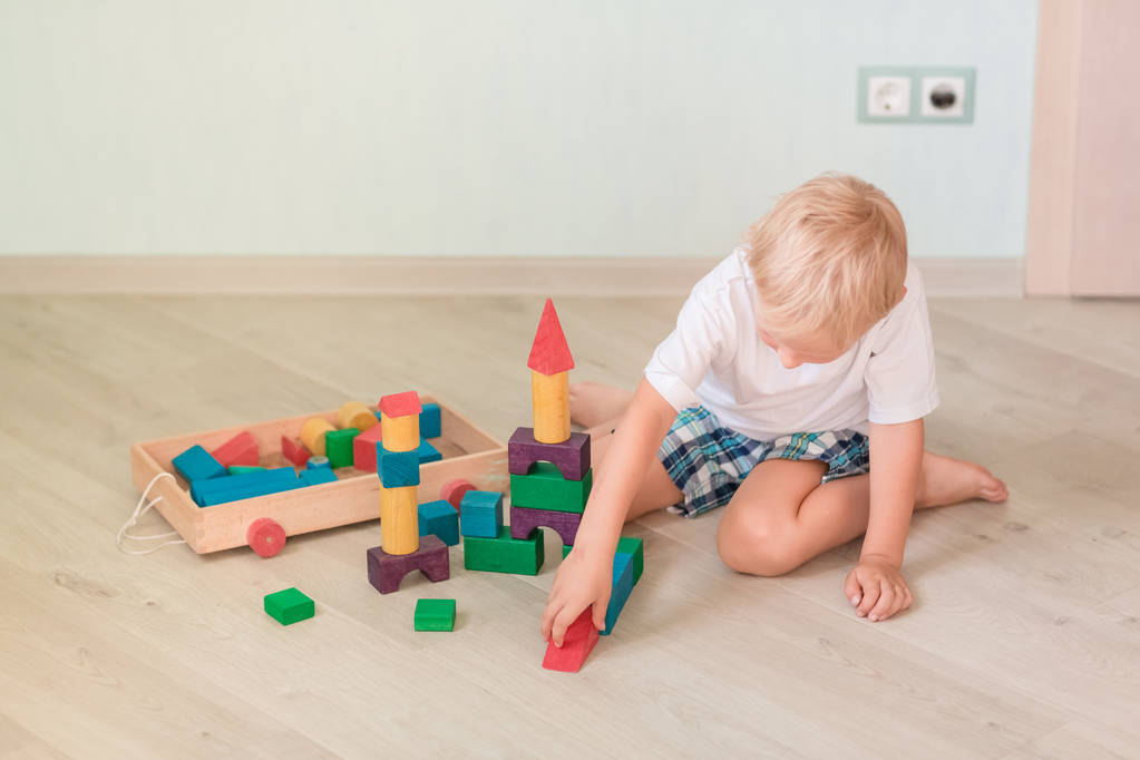 Joli petit garçon jouant avec des blocs de bois colorés dans la pièce. Concept de développement précoce
 - Photo, image