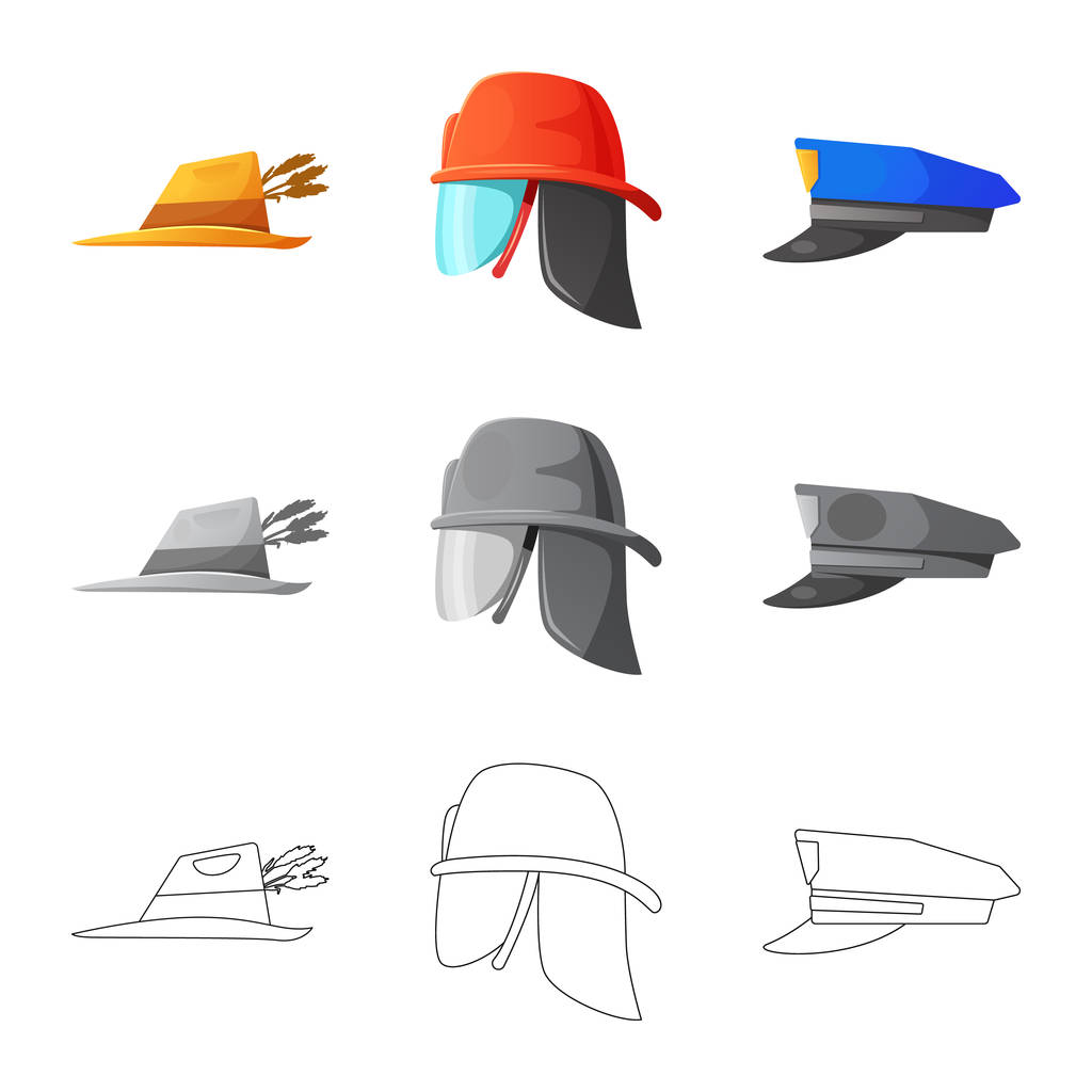 Diseño vectorial de la cabeza y el icono de la tapa. Conjunto de casco y accesorio símbolo de stock para web
. - Vector, Imagen
