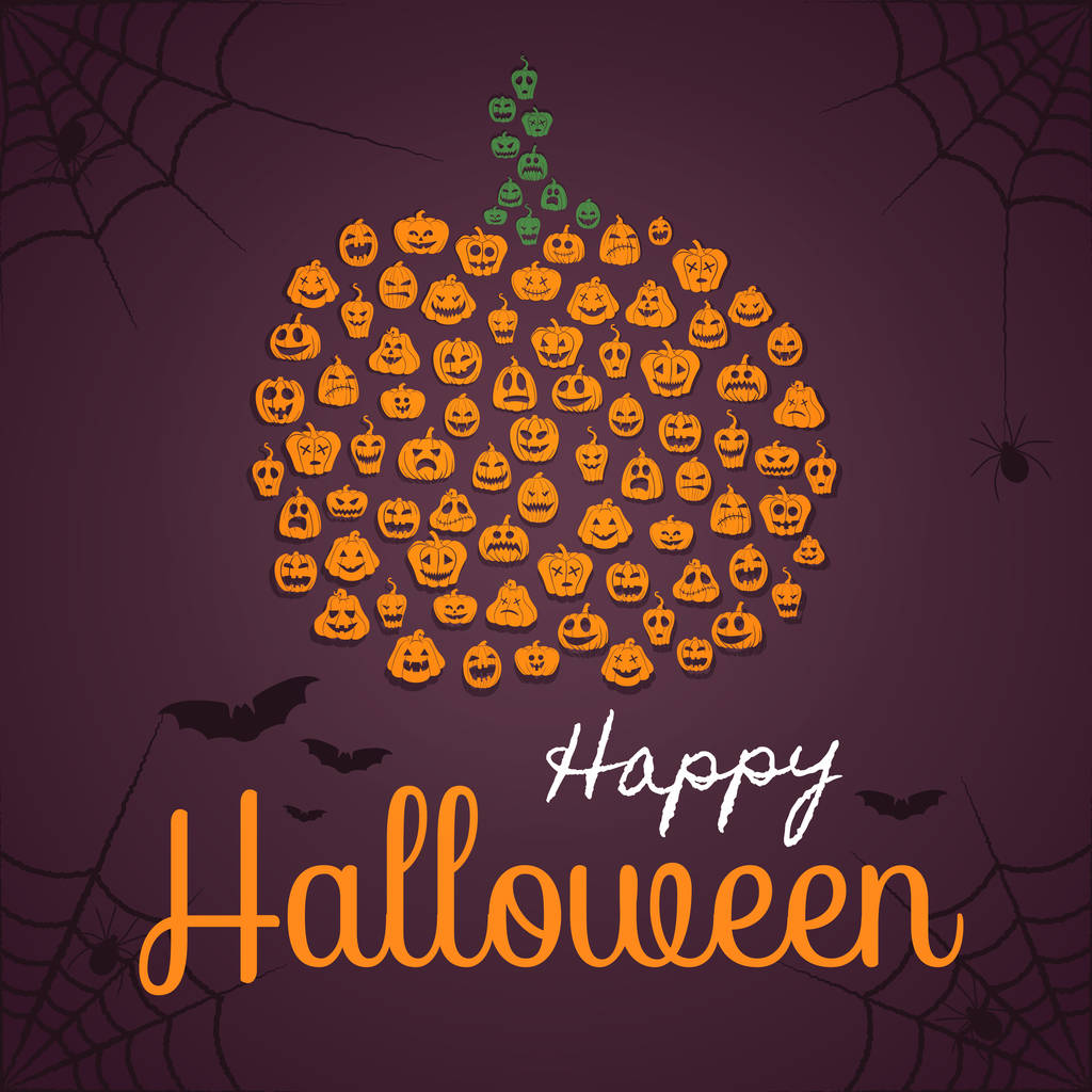 Happy halloween poster, wenskaart, sjabloon voor spandoek. Pompoen shape die is samengesteld van pompoen silhouetten met verschillende uitdrukkingen. Webs, spinnen en vleermuizen op de achtergrond. - Vector, afbeelding