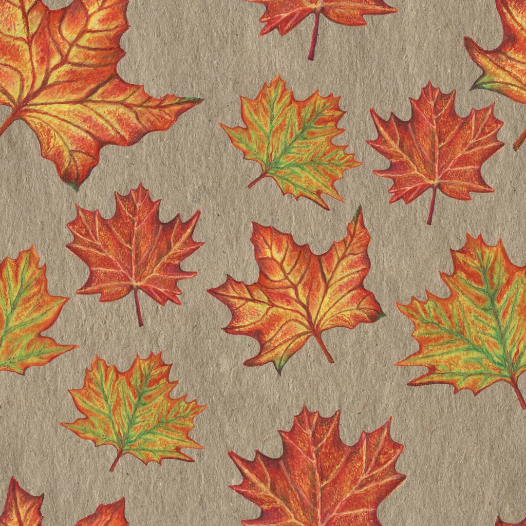 Handgezeichnete herbstliche rote und orangefarbene Blätter, nahtlose Musterzeichnung mit Ölpastellkreide auf Floßpapier - Foto, Bild