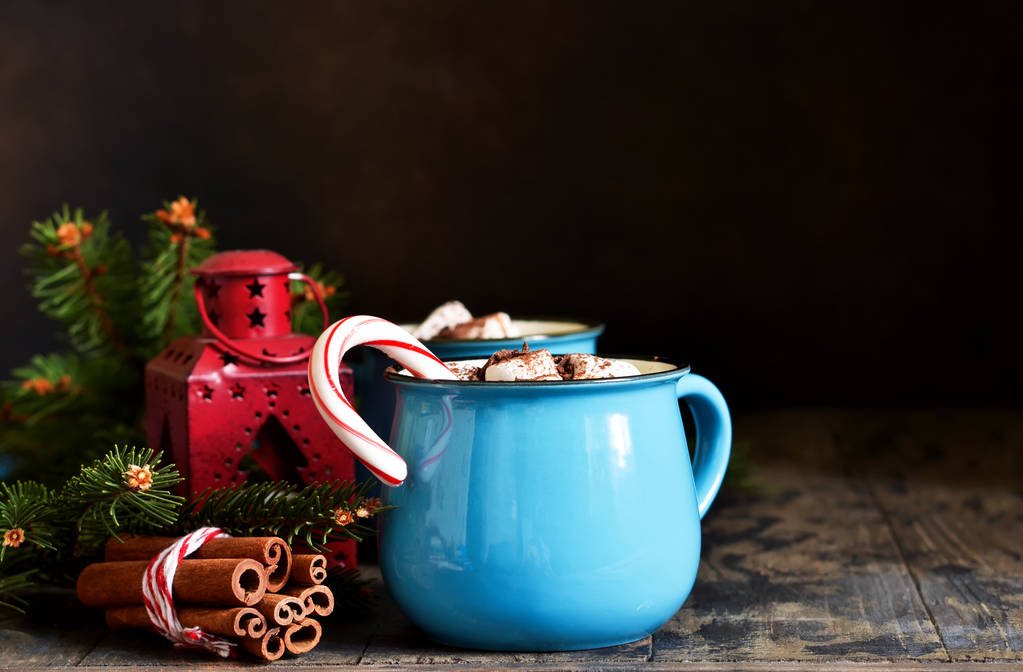 Η ζεστή σοκολάτα είναι ένα παραδοσιακό χειμερινό ποτό. Χριστουγεννιάτικο φόντο. - Φωτογραφία, εικόνα
