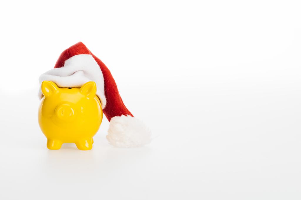 yellow piggy bank in santa hat isolated on white   - Photo, Image