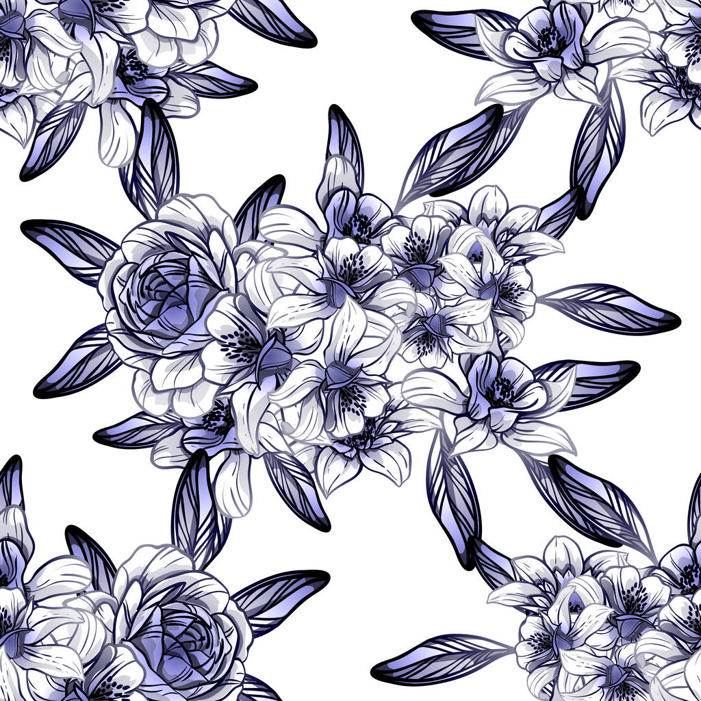 Безшовний вінтажний стиль темно-синій квітковий візерунок. Квіткові елементи
. - Вектор, зображення