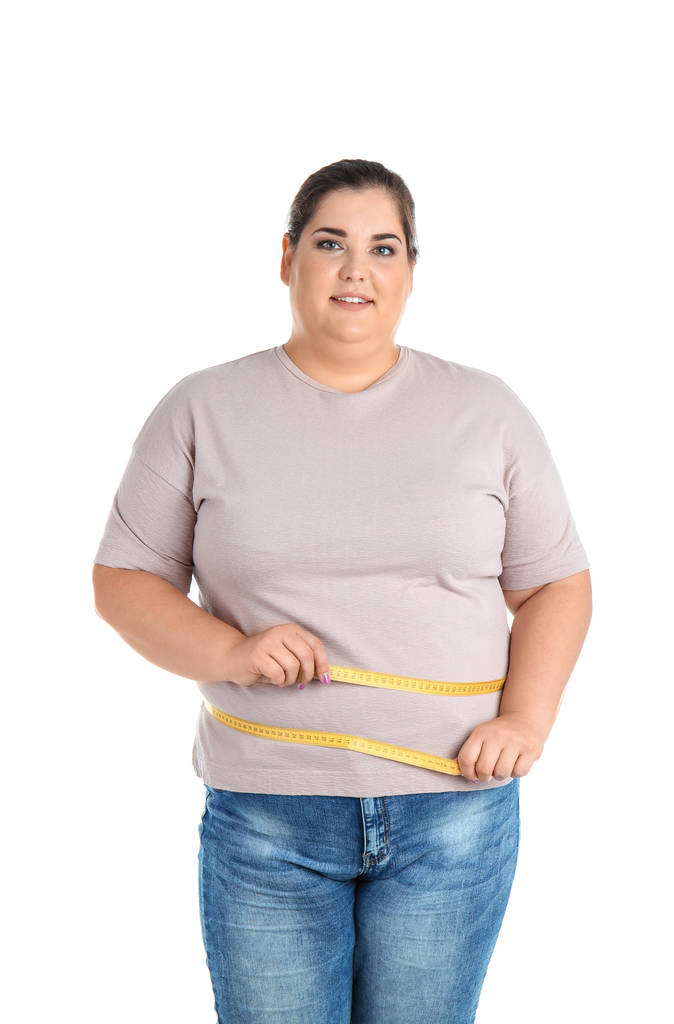 nadwaga kobieta z taśmą pomiarową na białym tle - Zdjęcie, obraz
