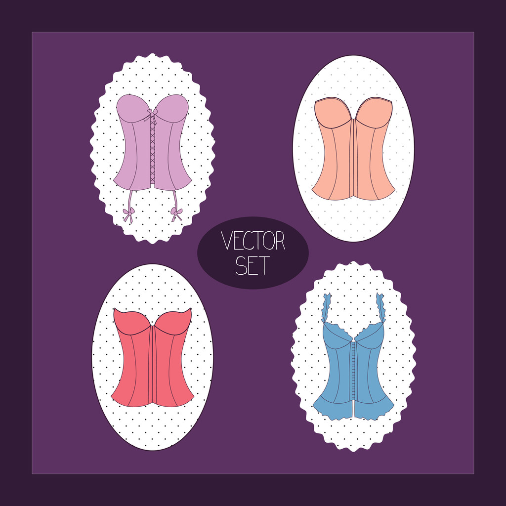 Vintage purple background with lady's corset set - Vector, Image