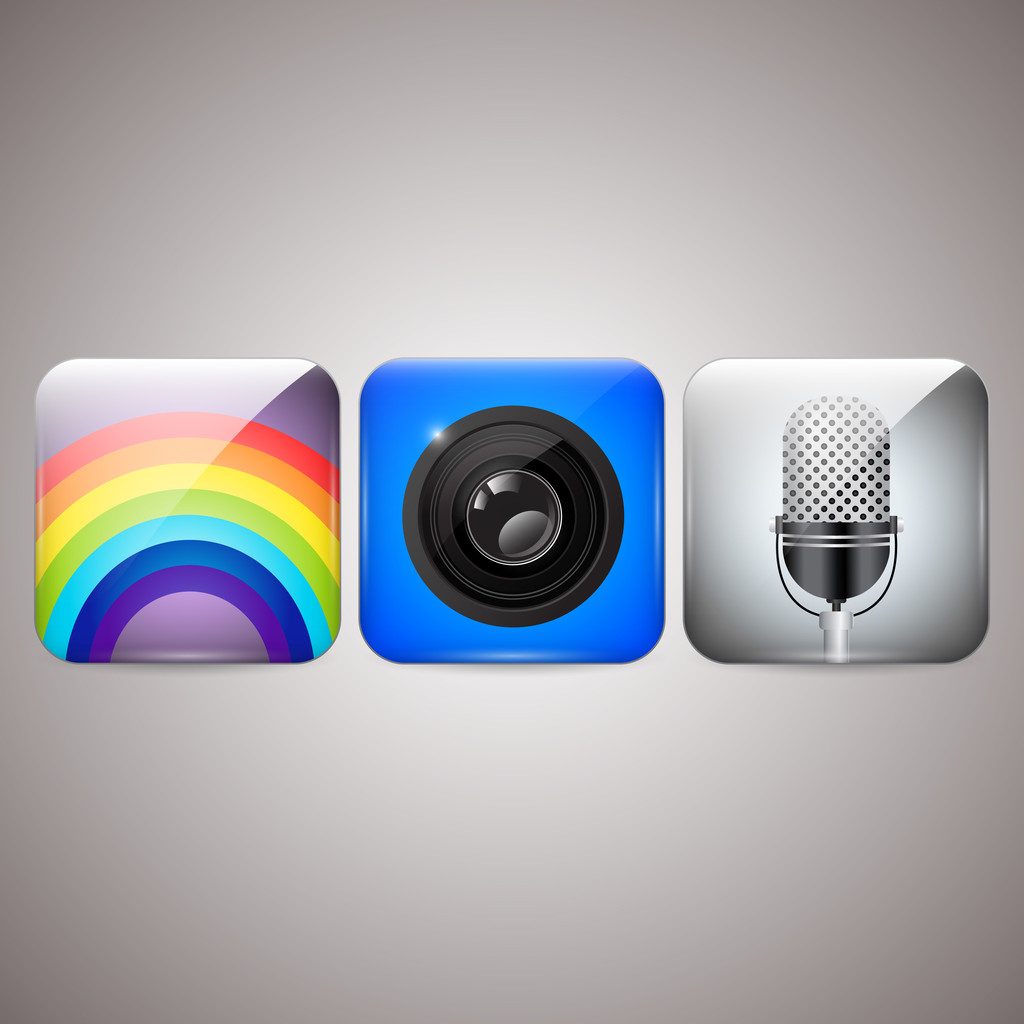 Icone set di microfono, macchina fotografica, arcobaleno
 - Vettoriali, immagini