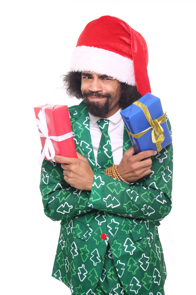 Homem negro feliz com caixas de presente
 - Foto, Imagem
