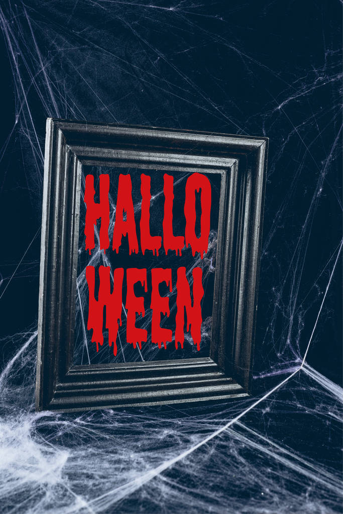 schwarzer Rahmen im Spinnennetz, gruseliges Dekor mit "Halloween" -Schriftzug - Foto, Bild