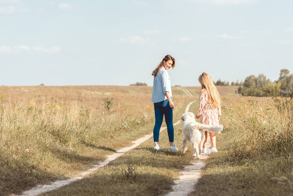 anya és lánya, séta a Arany-Vizsla mezőben nézet hátulról - Fotó, kép