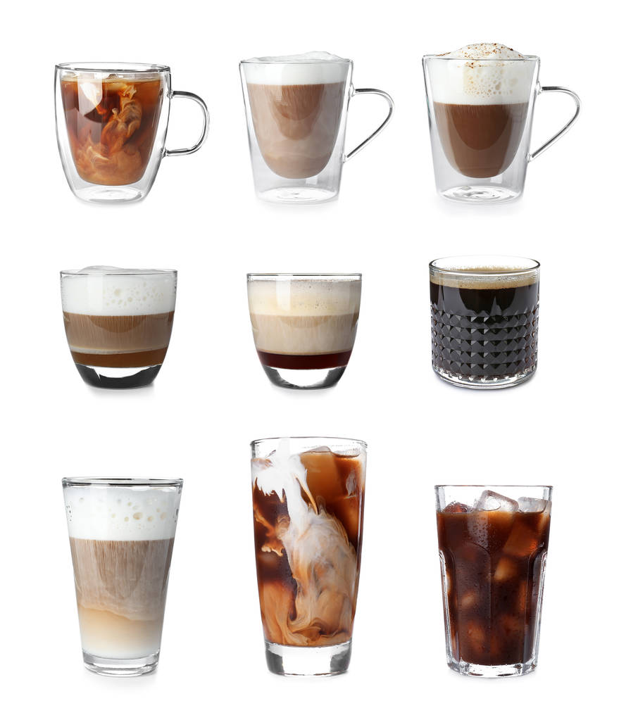 Set with different types of coffee drinks on white background - Photo, Image