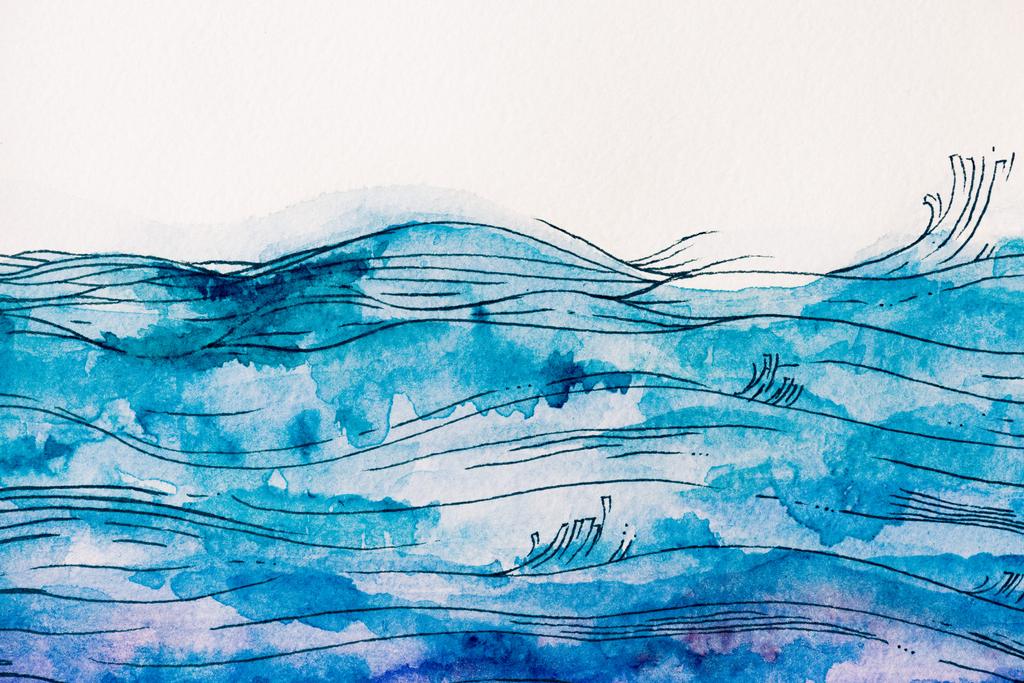 Meereswellen mit blauer Aquarellfarbe auf weißem Hintergrund - Foto, Bild