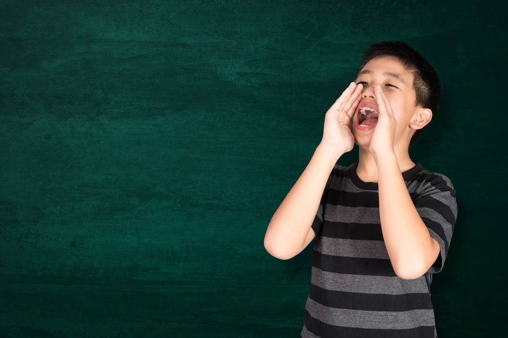 Gelukkig Aziatische jongen lachend op lege groene schoolbord met kopie ruimte voor toevoegen van tekst of word, onderwijs en terug naar school concept idee. - Foto, afbeelding