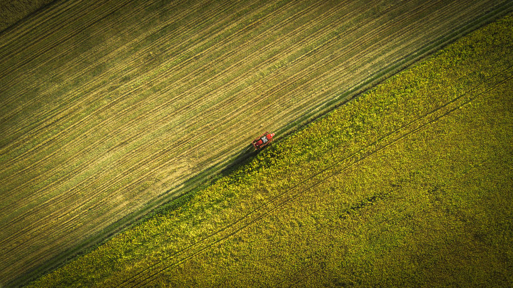 Agricultural machinery in the field. Tractor with a sprayer. Aerial view - Photo, Image
