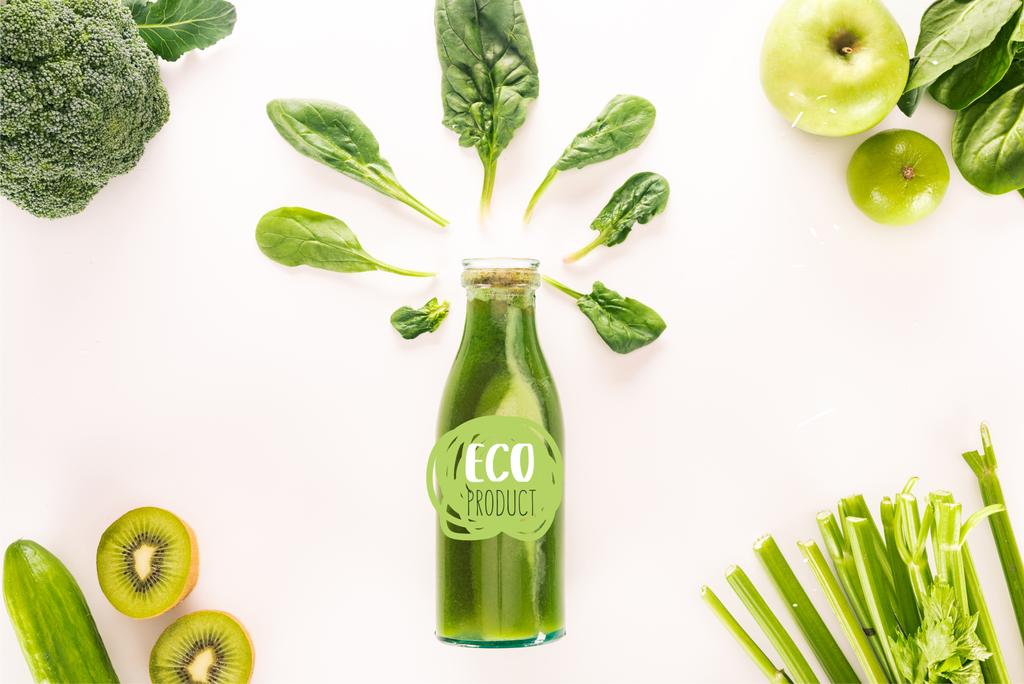 flat lay with detox drink and various organic food isolated on white with "eco product" lettering - Photo, Image