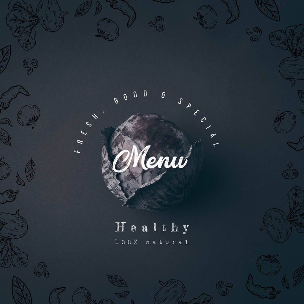 top view of red cabbage on gray table with "healthy menu" lettering - Photo, Image