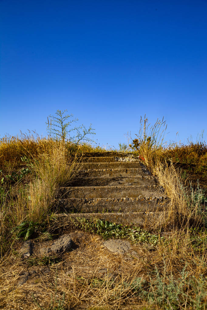 Lépcsőn a rét. A földről egyenetlen lépcső vezet felfelé a hegyen. - Fotó, kép
