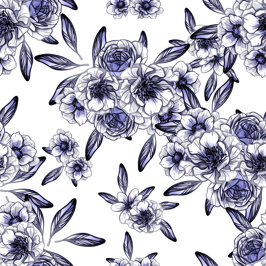 Estilo vintage sin costuras patrón de flores azul oscuro. Elementos florales
. - Vector, imagen