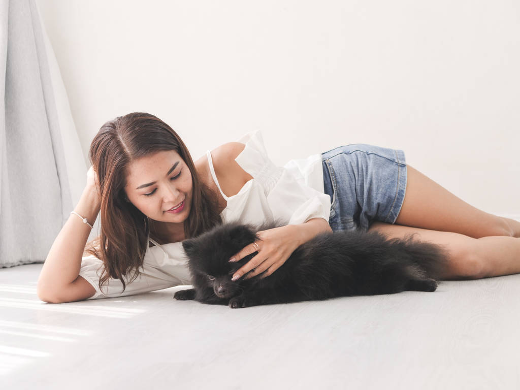 Gelukkig Aziatische vrouw liggend op de vloer en het aanraken van haar zwarte hond, levensstijl concept. - Foto, afbeelding