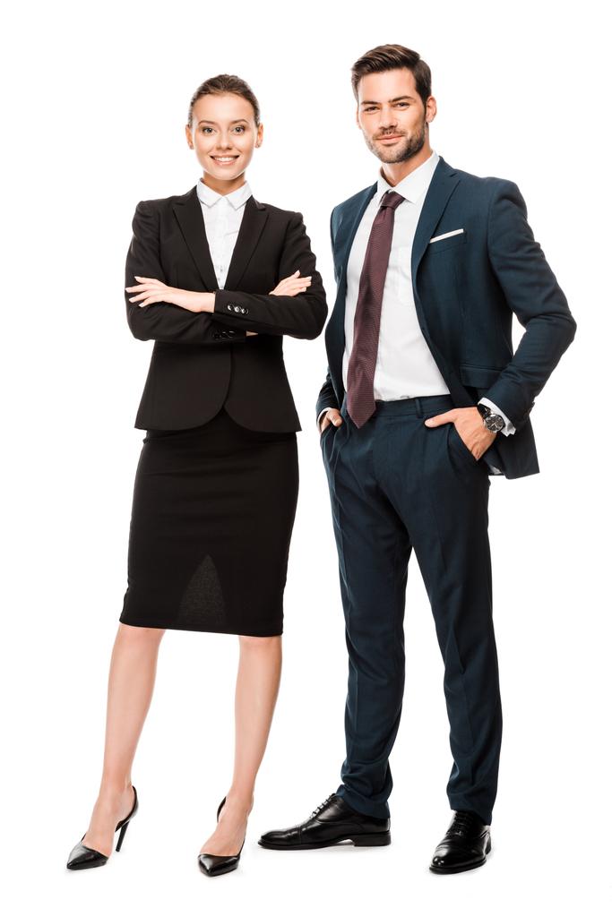 attractive young business partners in stylish suits looking at camera isolated on white - Photo, Image