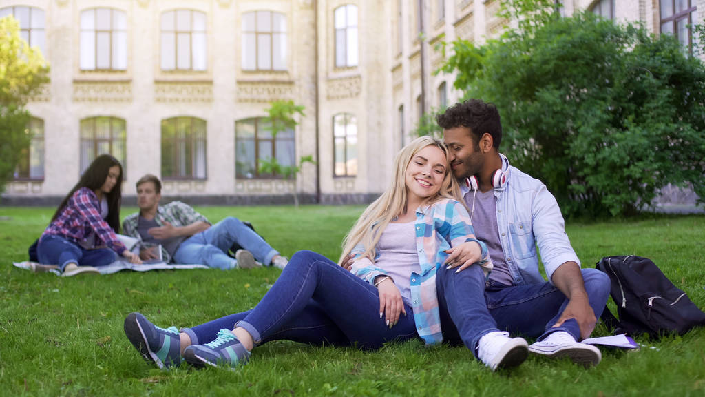 Casal multirracial relaxante na grama, abraçando e sorrindo, primeiro amor, estudantes
 - Foto, Imagem