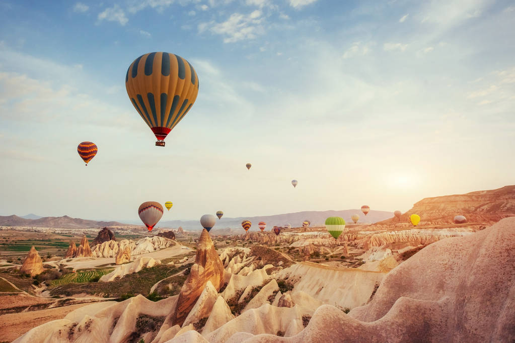 Turkey Cappadocia beautiful balloons flight stone landscape amazing - Photo, Image
