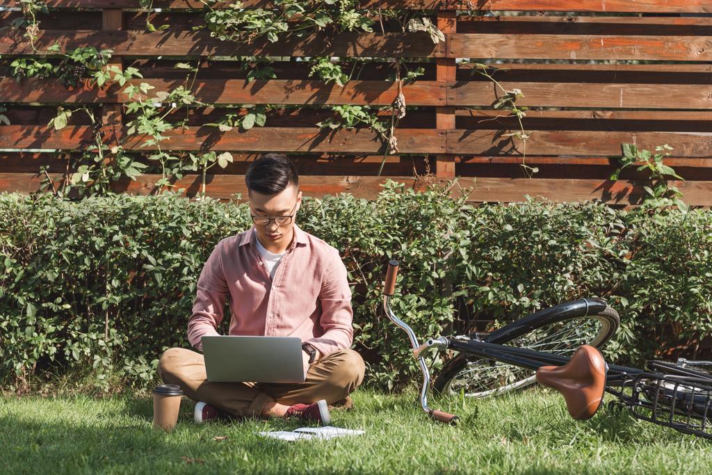 Aziatische freelancer werkt op laptop op groene gras met koffie te gaan en notebook in park gericht - Foto, afbeelding
