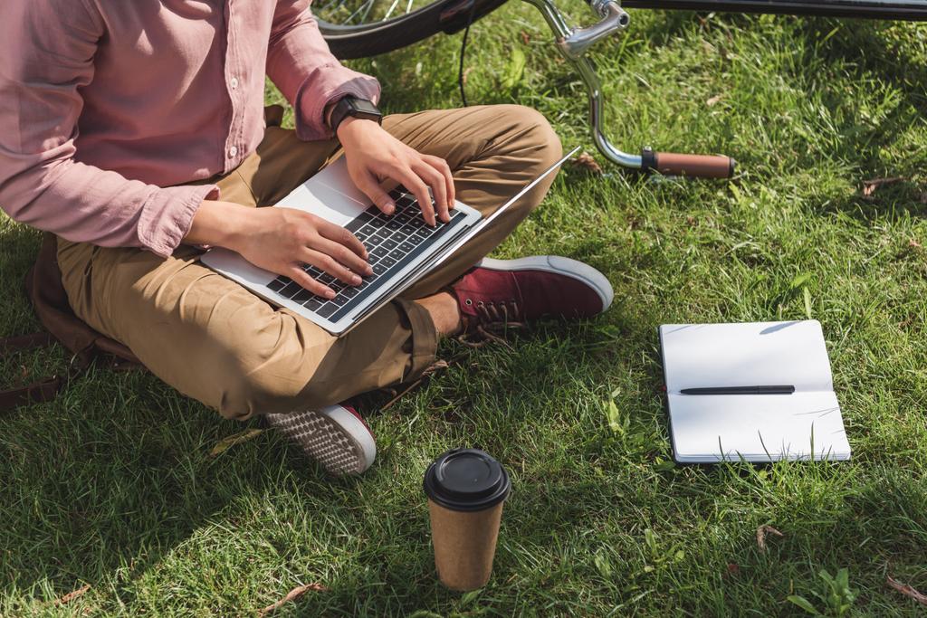 visão parcial do freelancer trabalhando no laptop na grama verde com café para ir e notebook no parque
 - Foto, Imagem