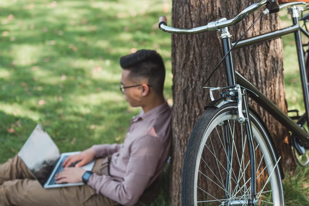 selective focus of  young asian freelancer working on laptop in park - Photo, Image