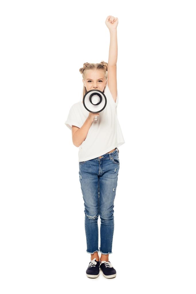 adorable child yelling in megaphone and raising hand isolated on white - Photo, Image