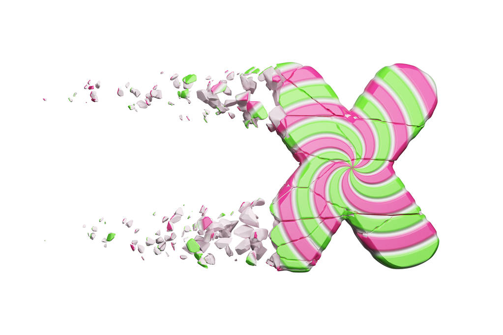 Разбитая буква алфавита X. Измельченный шрифт из розового и зеленого полосатого леденца. 3D рендеринг на белом фоне
. - Фото, изображение
