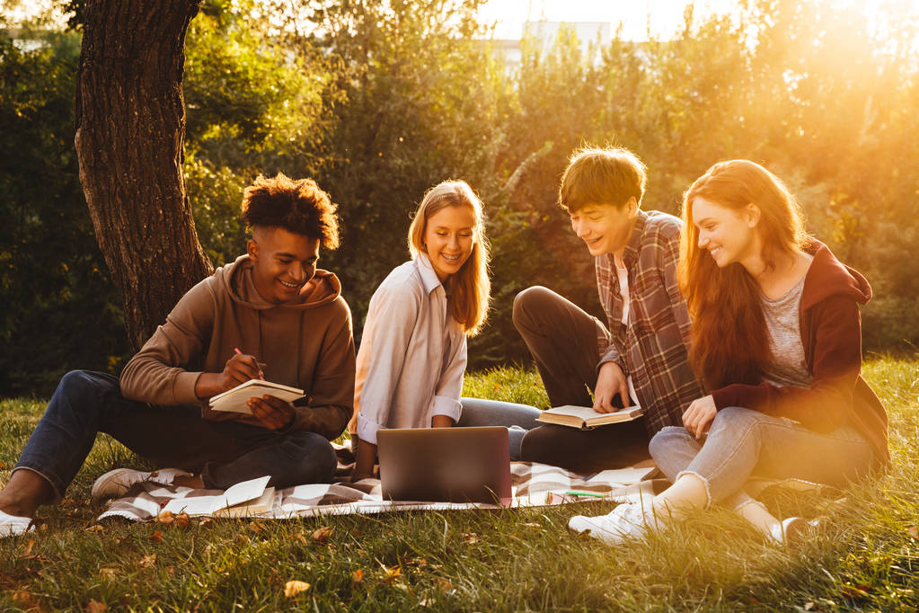 Группа взволнованных многонациональных студентов вместе делают домашнее задание в парке, используя ноутбук
 - Фото, изображение