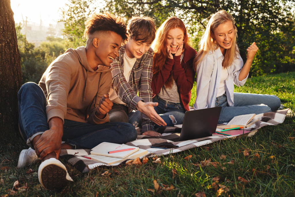 Grupo de estudiantes multiétnicos felices haciendo los deberes juntos en el parque, usando el ordenador portátil, celebrando
 - Foto, Imagen