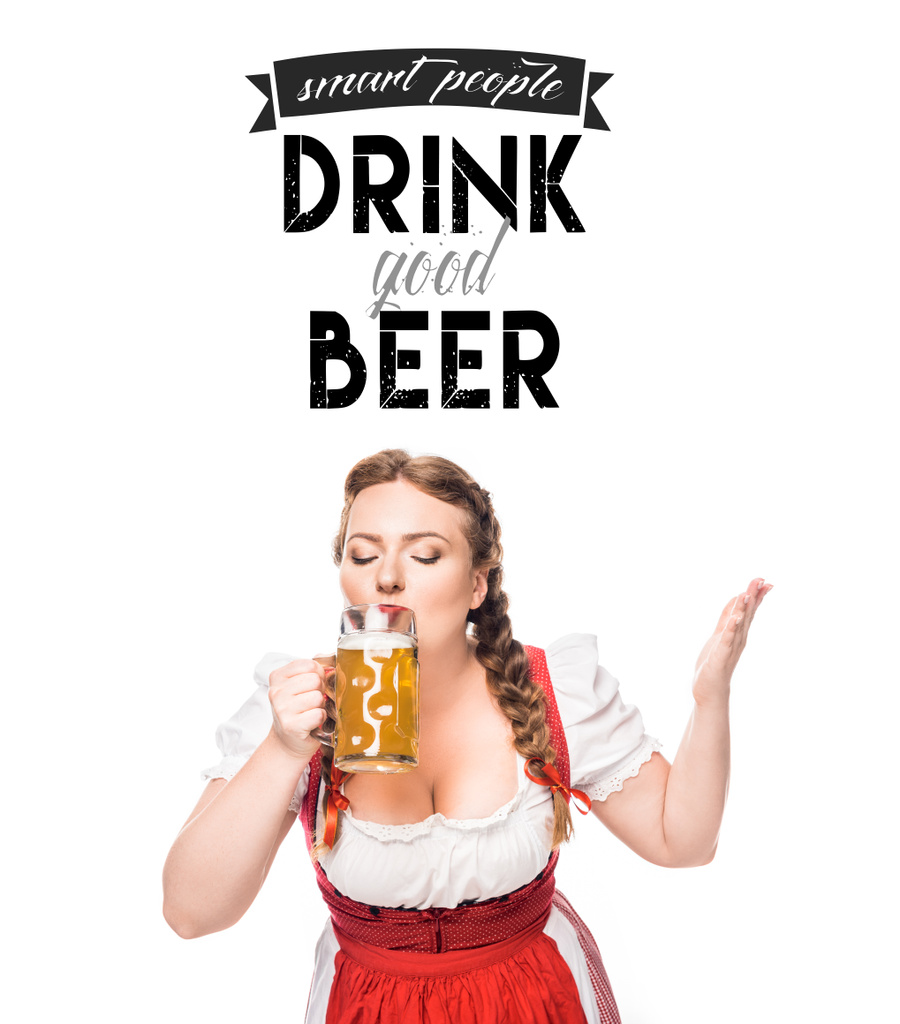 Офіціантка в традиційній баварській сукні, що п'є легке пиво ізольовано на білому тлі з натхненням "розумні люди п'ють хороше пиво"
 - Фото, зображення