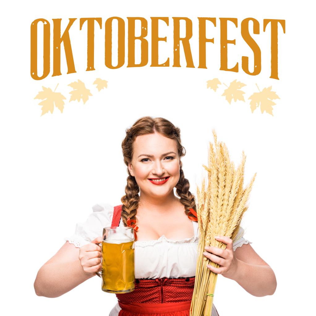 serveerster in traditionele Beierse kleding met mok light bier en tarwe geïsoleerd op een witte achtergrond met "oktoberfest" belettering - Foto, afbeelding