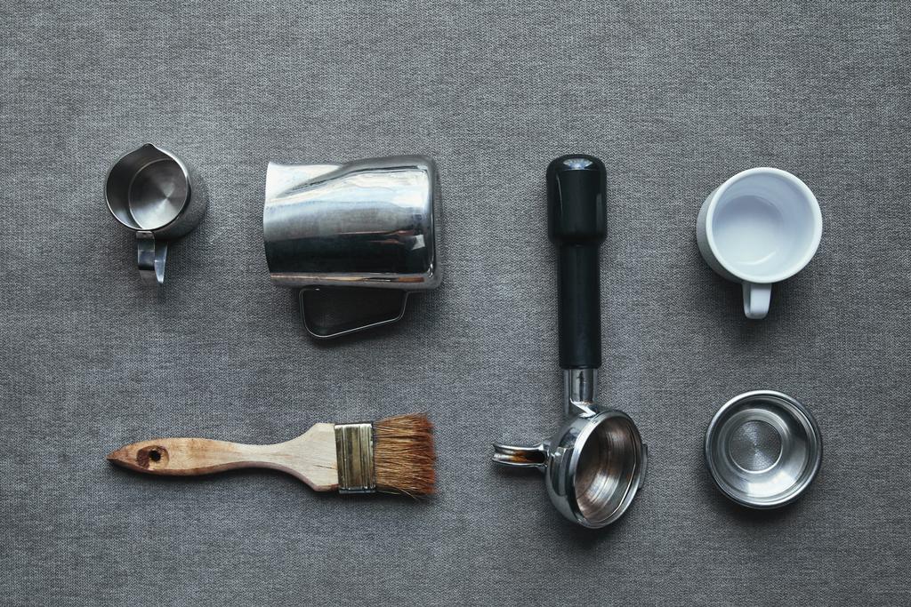 top view of professional tools for preparing coffee on grey  - Photo, Image