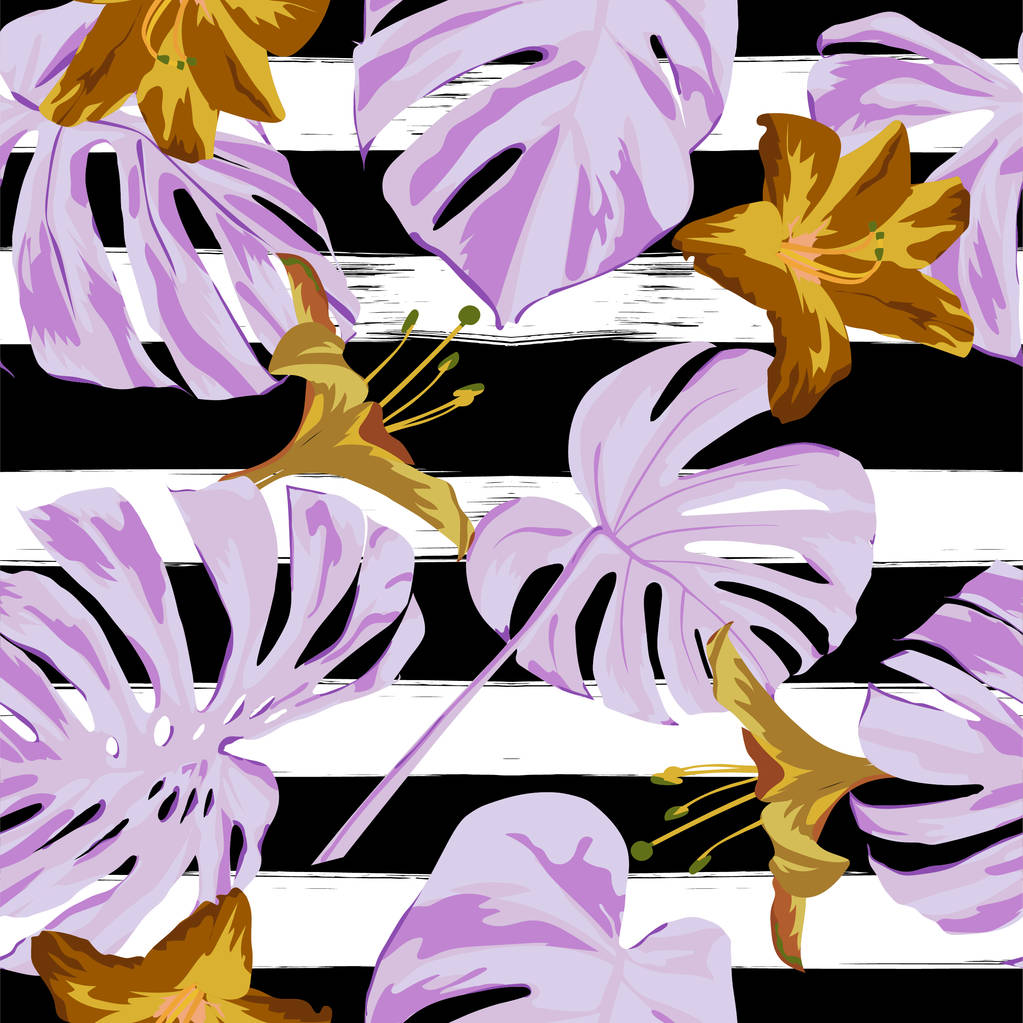 トロピカル プリント。ジャングルのシームレスなパターン。ハワイの花と熱帯夏モチーフにしたベクトル.  - ベクター画像